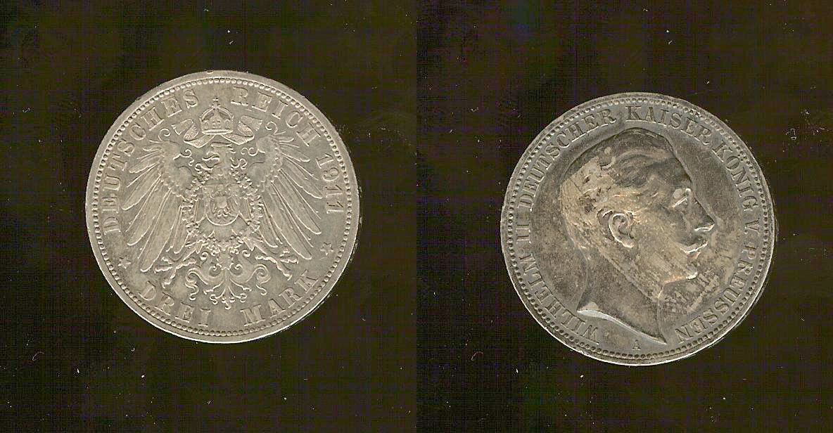 ALLEMAGNE - PRUSSE 3 Mark Guillaume II 1911 Berlin SUP-